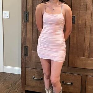 Lucy in the sky Chic Blush Spaghetti Strap Mini Dress-rhythm satin cross back